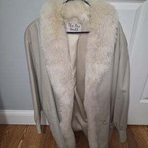 Women's Cream Leather Jacket with Faux Fur Collar